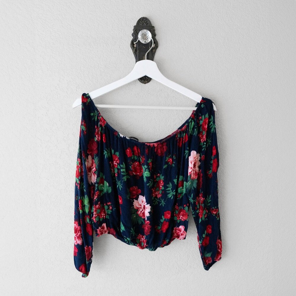 Ambiance Navy Floral Off Shoulder Crop Top | Size L | Long Sleeve Boho Blouse - Picture 3 of 9